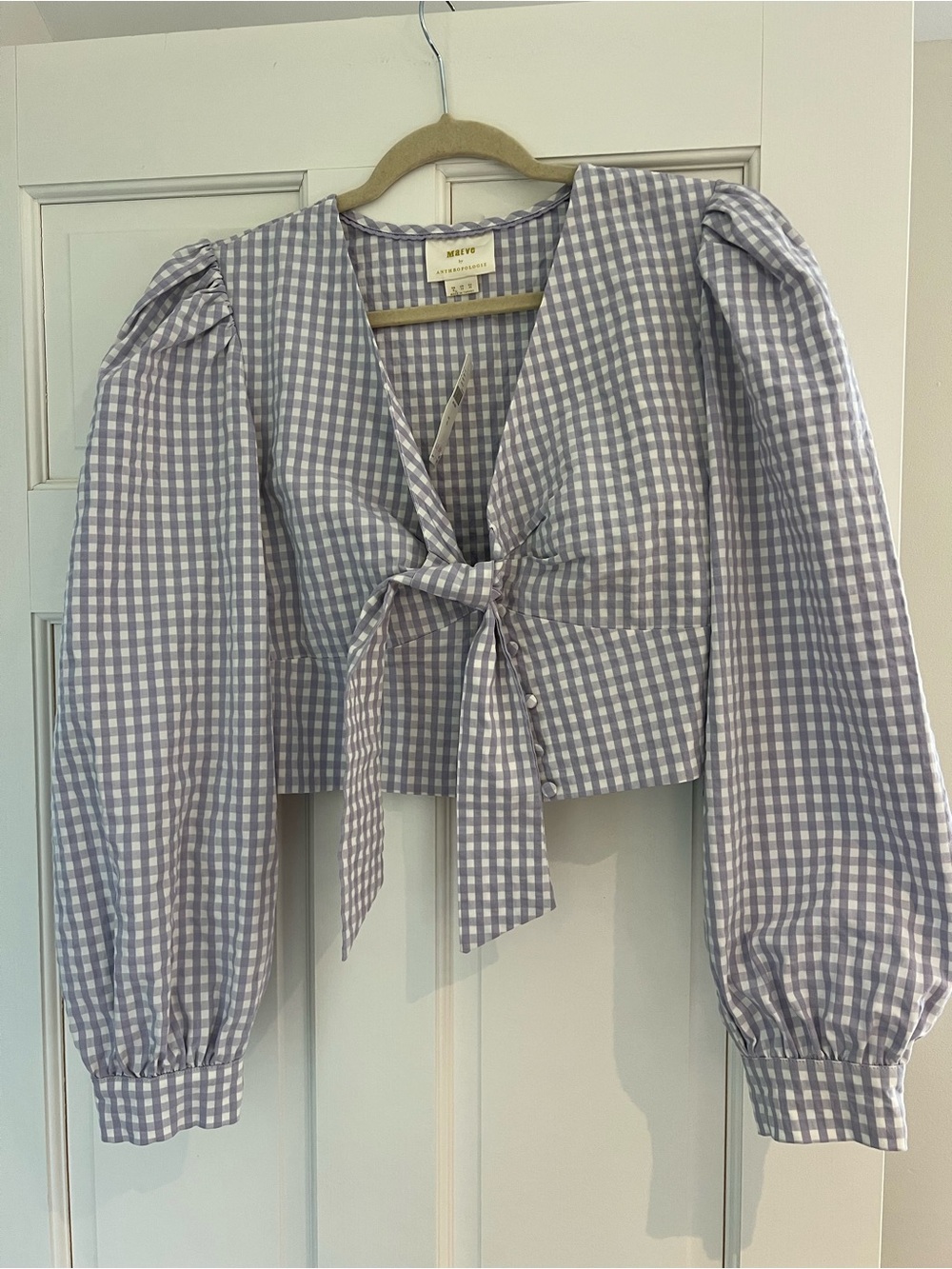 NWT Anthropologie Maeve Lavender and White Gingham Tie-Front Puff Sleeve Blouse